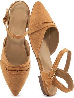 Women's Light Brown Slingback Closed Pointed Toe Comfortable Dressy Flats Shoes